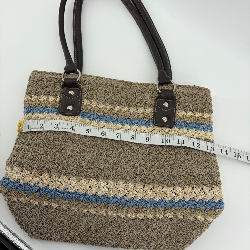 Crocheted Striped Tote Bag Brown Tan Blue Faux Leather Handles - Picture 7 of 8